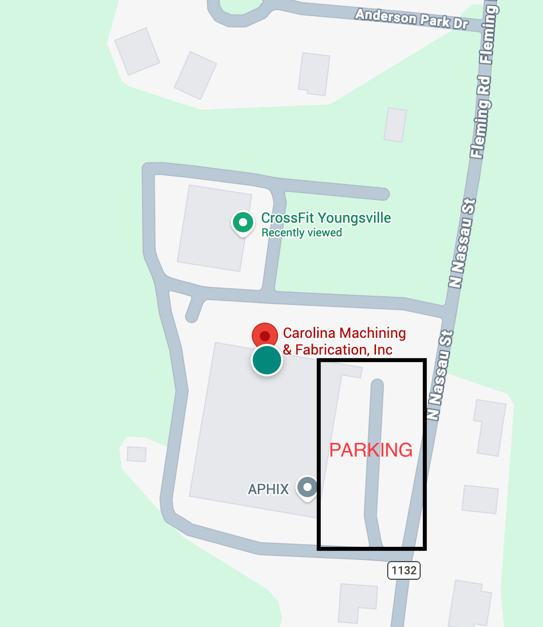 Map showing the marked parking lot at the building adjacent to CrossFit Youngsville